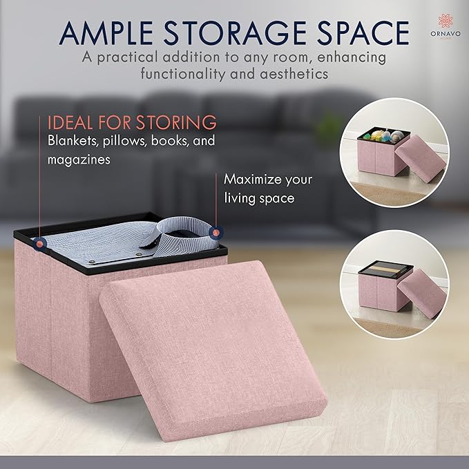 Ornavo Home Small Storage Ottoman Foldable Collapsible Cube Square Linen