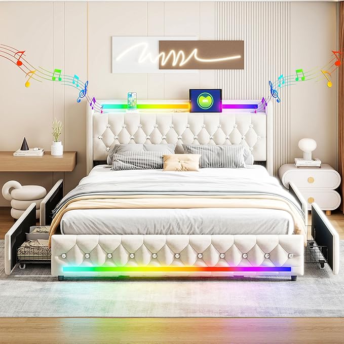 Music Player Bed with Bluetooth Speakers, Queen Size Smart Bed, USB&Type C