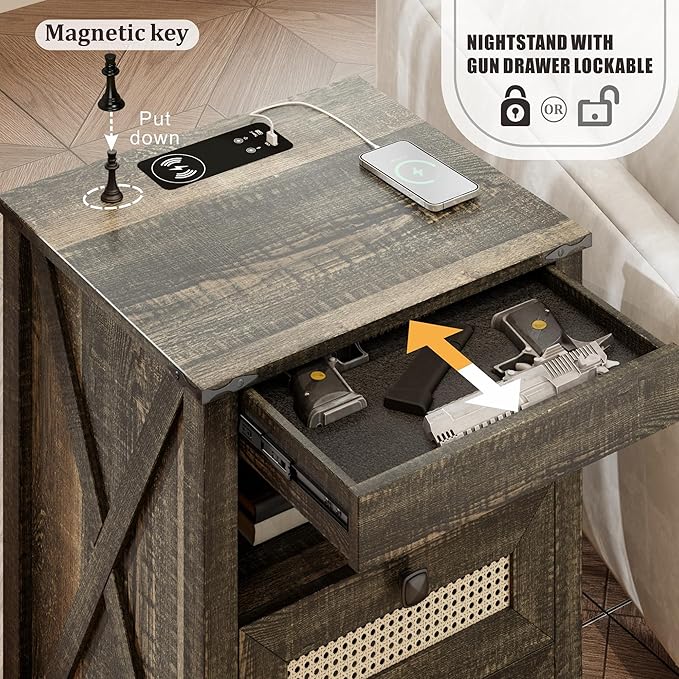 Farmhouse Night Stand with Gun Drawer, Bedside Table with Charger Station