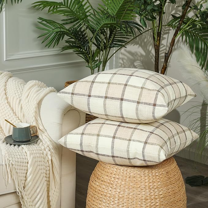 Stellhome Pack of 2 Faux Linen Buffalo Check Throw Pillow Covers, Farmhouse