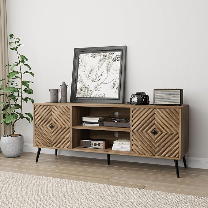 Smuxee Walnut TV Stand with Fluted Diamond Doors, 55.12" Mid Century Modern TV