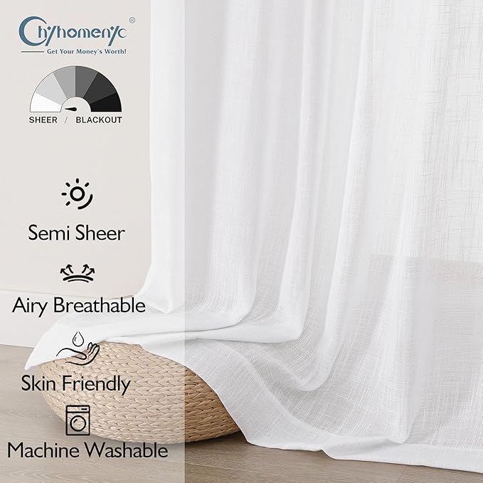 Chyhomenyc Extra Long White Semi Sheer Curtains 108 Inches Long 2 Panels Set