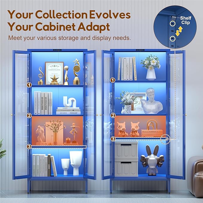 UNICOLY Display Cabinet with Glass Doors, Glass Display Cabinet with 8 Color