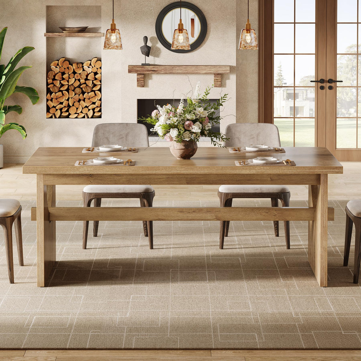 Tribesigns Farmhouse Dining Table for 4-6 People, 63" Large Rectangular Kitchen Dining Room Table with Heavy Duty Double Base for Kitchen Living Room, Rustic Brown