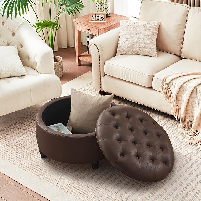 30-Inch Round Storage Ottoman, Button Tufted Ottoman Coffee Table