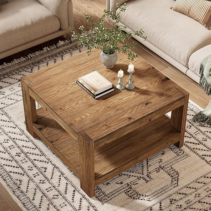 Solid Wood Coffee Table, 31.5" Square Farmhouse Center Table