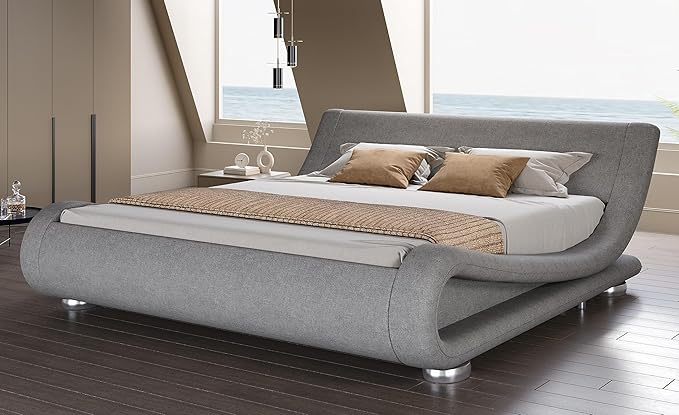 SHA CERLIN Queen Size Upholstered Bed Frame, Deluxe Low Profile Sleigh Bed