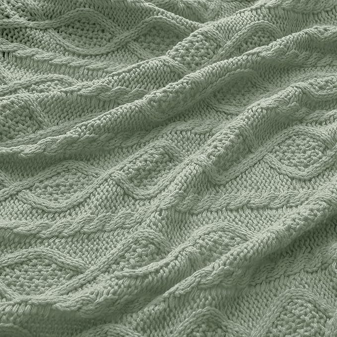 Homiest Cable Knit Throw Blanket and Pillow Set, Sage Green Set of 3, Knitted