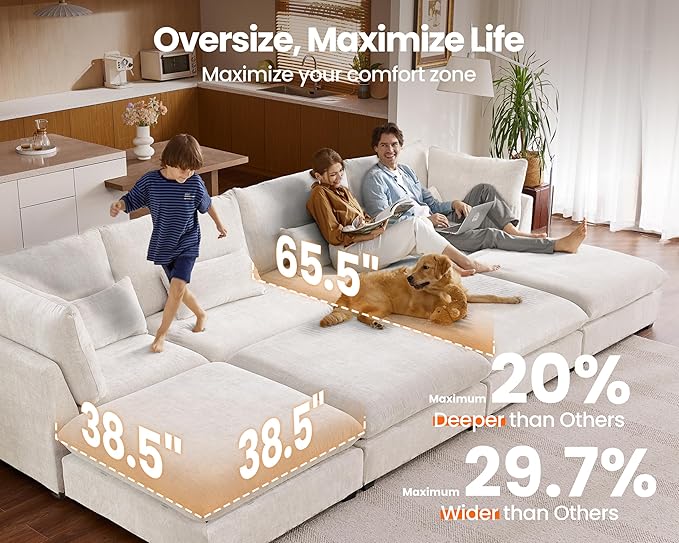 115" Oversized Chenille Couch Modular Sectional Sofa, Washable Cloud Couch
