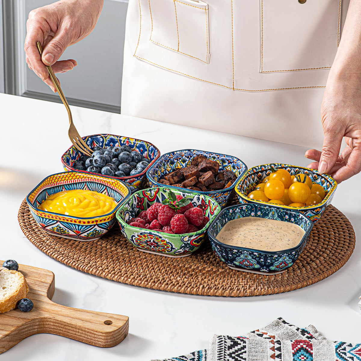 HENXFEN LEAD Boho Dipping Bowls – 8 oz Small Ceramic Snack Bowls, Square Soy Sauce Dish for Dips, Salsa, Side Dishes, Dessert – 4.3 Inch Appetizer Plates Set of 6