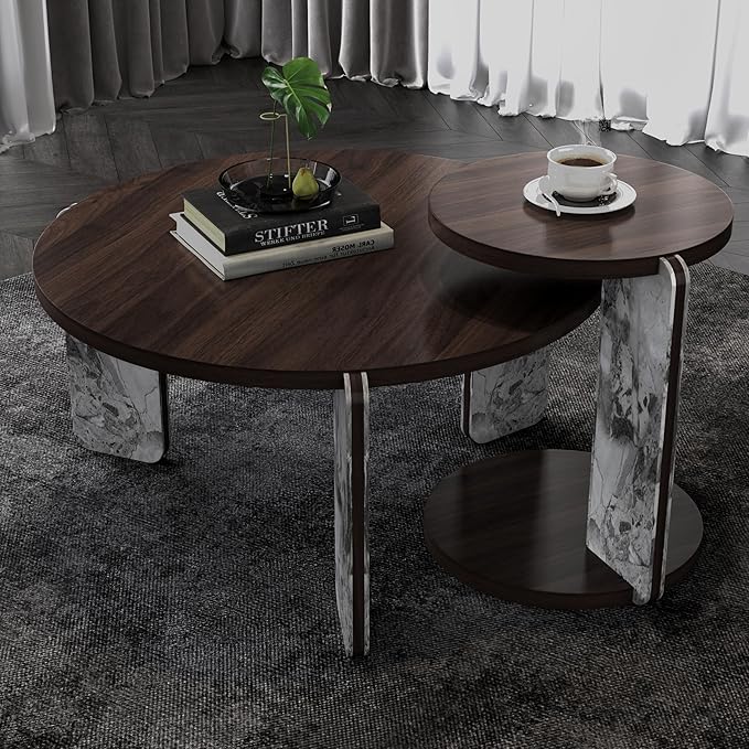 GDFStudio Round Nesting Coffee Table Set of 2, Modern Wooden Accent Side Table