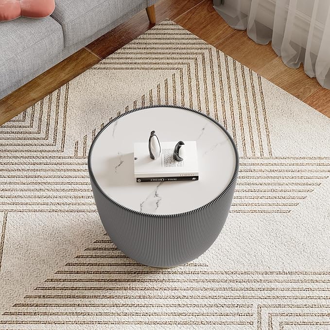 Henf Marble Round Side Table, 19.7" Fluted End Table