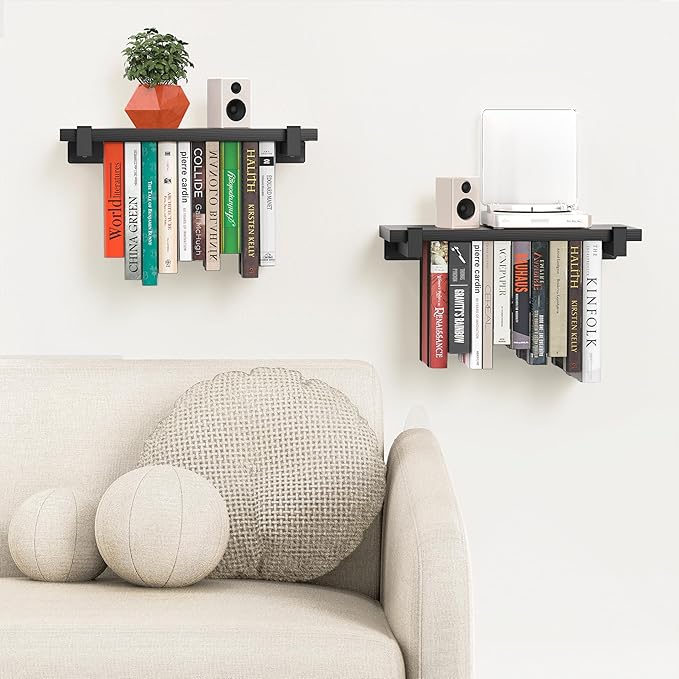 NANATI 2 Set of Floating Bookshelf, Pine Wood Invisible Bookshelf, Hanging