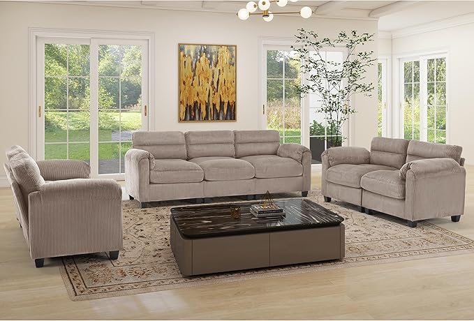 HAOMARKETS Corduroy Sofa Set, Two Upholstered Loveseat, and 3-Seater Couch