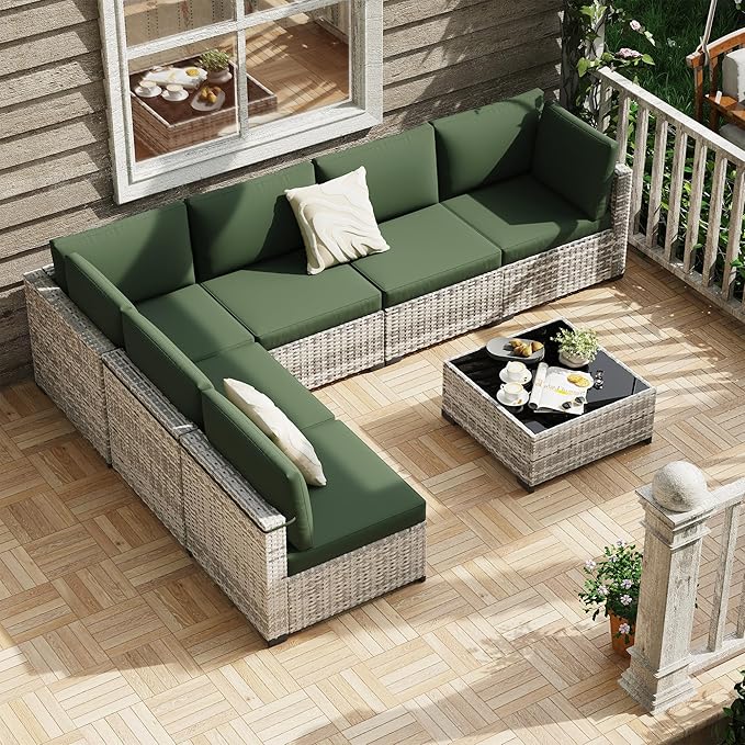 KIGOTY Patio Furniture Set, 7 Pieces Modular Outdoor Sectional Sofa, PE Rattan