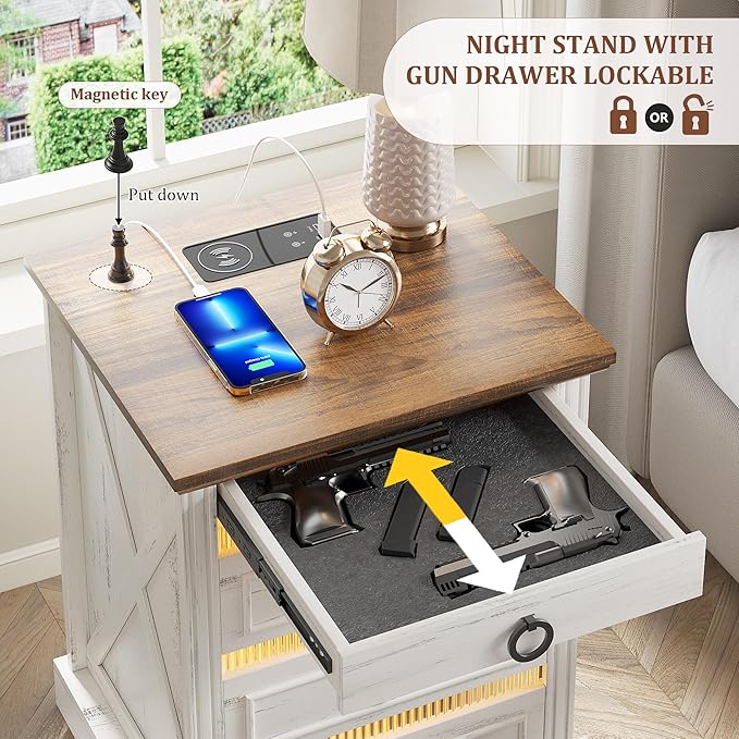 Farmhouse Night Stand with Gun Drawer, Bedside Table with Charger Station