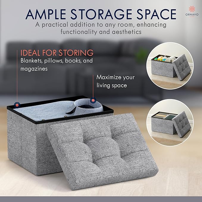 Ornavo Home Small Storage Ottoman Foldable Collapsible Rectangle Linen Ottoman