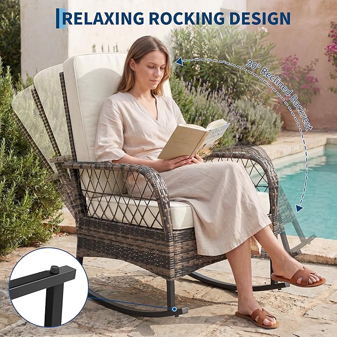 GarveeHome 3-Piece Outdoor Rocking Chair Set, Wicker Rattan Patio Furniture