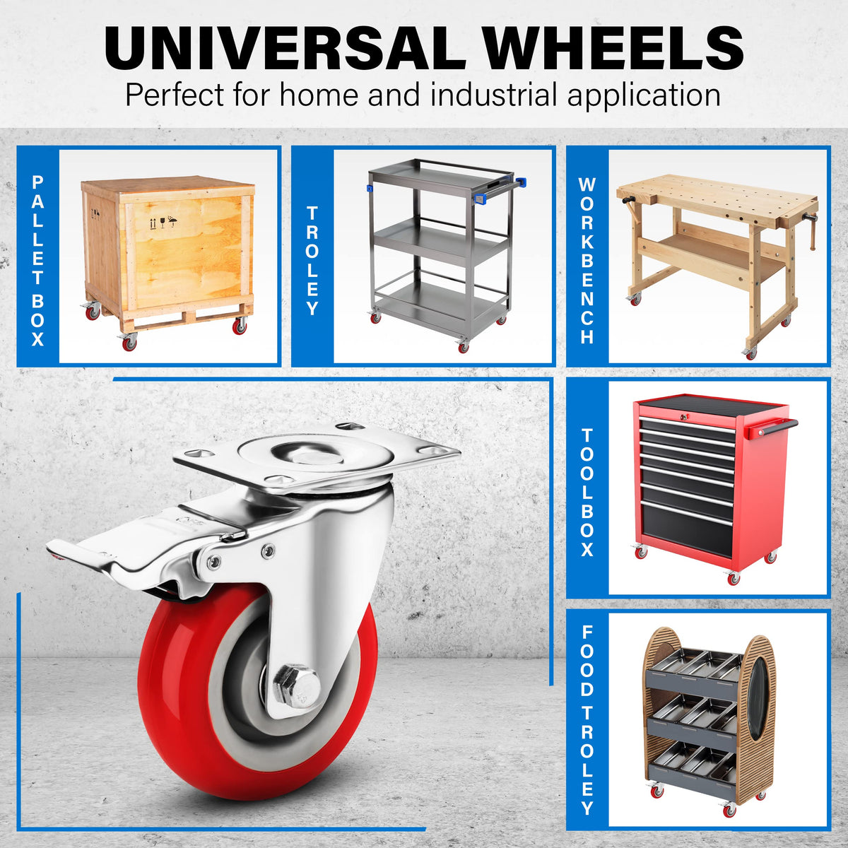 Castrek 4 Inch Caster Wheels Heavy Duty Casters Set of 4 (2200lbs Load Capacity) Lockable Cart Wheels with Brakes, 360 Degree Rotatable - Ideal Caster for Cart, Furniture and Workbench (4 x Brakes)