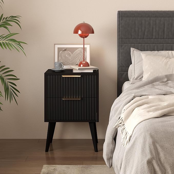 YAUKOMEL Small Black Night Stand, Mid Century Modern Bedside Table, Nightstand