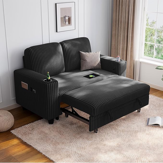 LINSY HOME Loveseat Sofa with Pull Out Couch Chaise: 2-in-1 Convertible 2