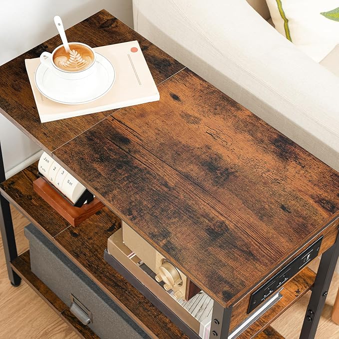 HOOBRO End Table with Charging Station, Simple Rustic Side Table with 3-Tier