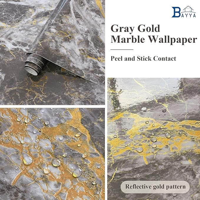 BAYYA 31.5"x80" Glossy Grey Marble Contact Paper