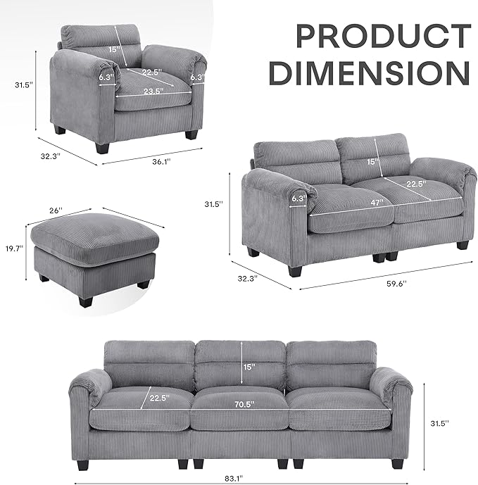 HAOMARKETS Corduroy Sofa Set, Upholstered Armchair and Loveseat