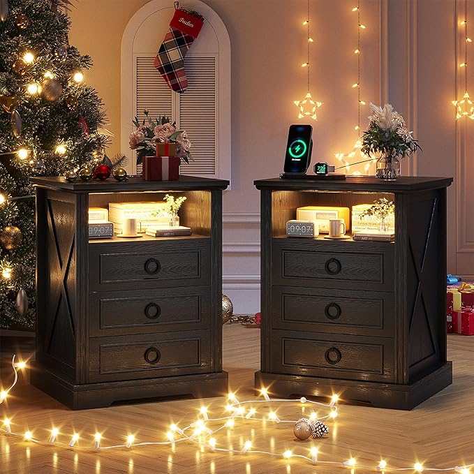 Nightstand Set 2 with Charging Station, Farmhouse End Side Table with 3 Drawers