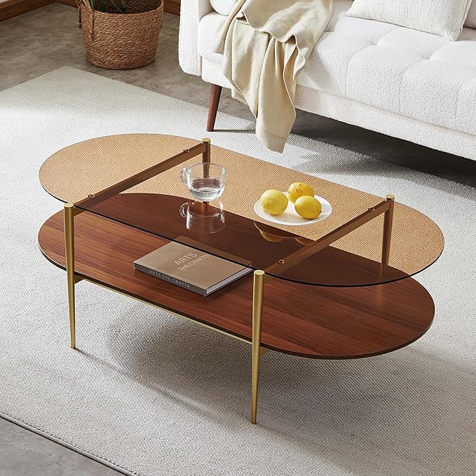 LumFurn X-Large Oval Glass Coffee Table, Mid-Century Modern Design, L47 x W24 x