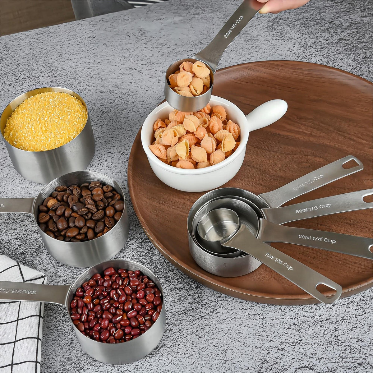 Smithcraft Measuring Cup Set of 8, 18/8 Stainless Steel Measuring Cups for Kitchen & Baking, Heavy Duty Metric & US Measure Cups Set with 2/3 Cup & 3/4 Cup Meaure Cups
