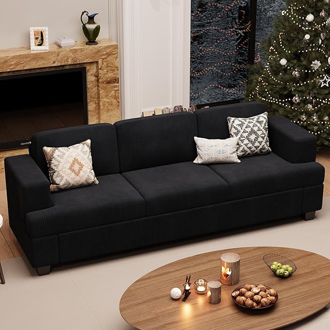 3 Seater Corduroy Couch for Living Room, 89” Black Cloud Sofa, Deep Seat Floor
