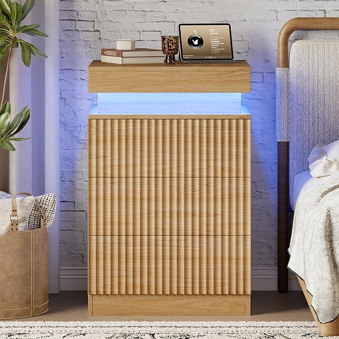 Xixini Nightstand with Charging Station and LED Lights, Fluted Night Stand with