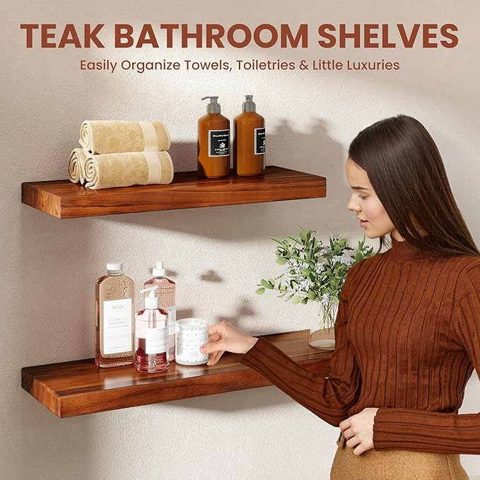 32 Inch Teak Floating Shelves Set of 2
