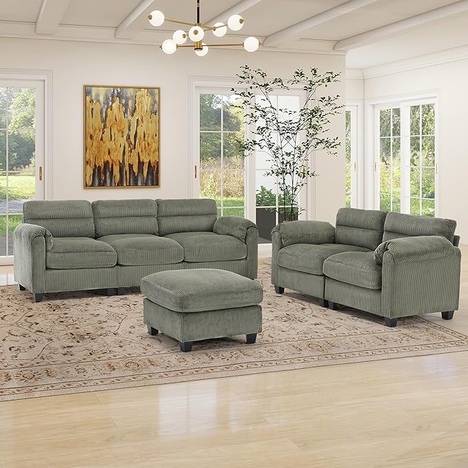 HAOMARKETS Corduroy Sofa Set, Upholstered Ottoman, and 3-Seater Couch