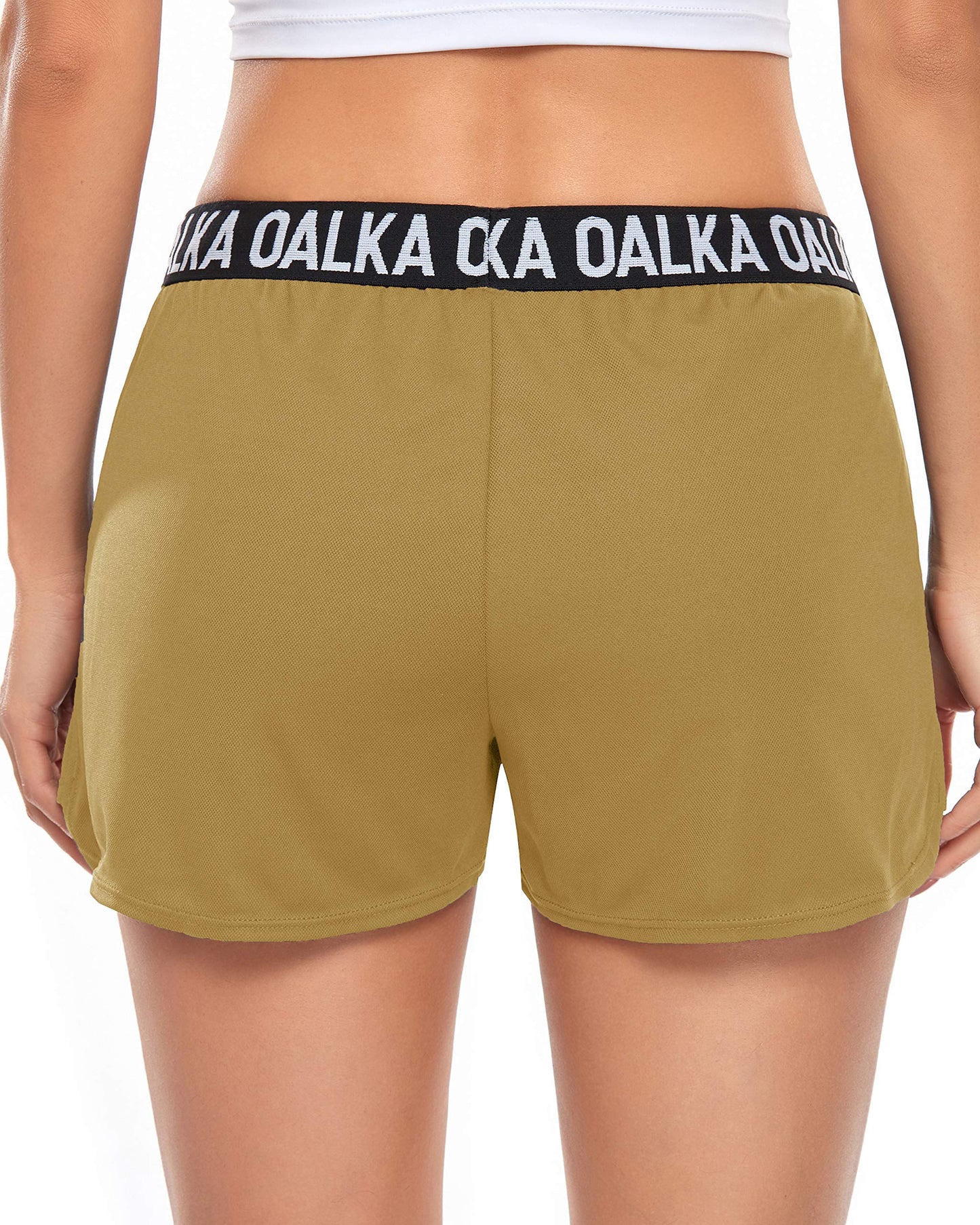 Oalka Women's Running Shorts Out Side Pockets Sports Athletic Workout Fittness Lightweight Gym Shorts Mustard L