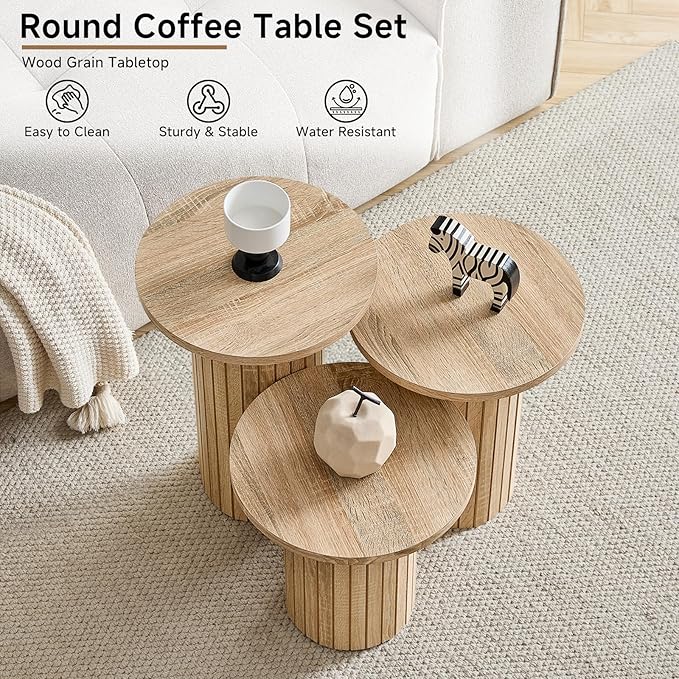 Round Nesting Coffee Table Set of 3 Mid Century Modern Wood Round Coffee Tables