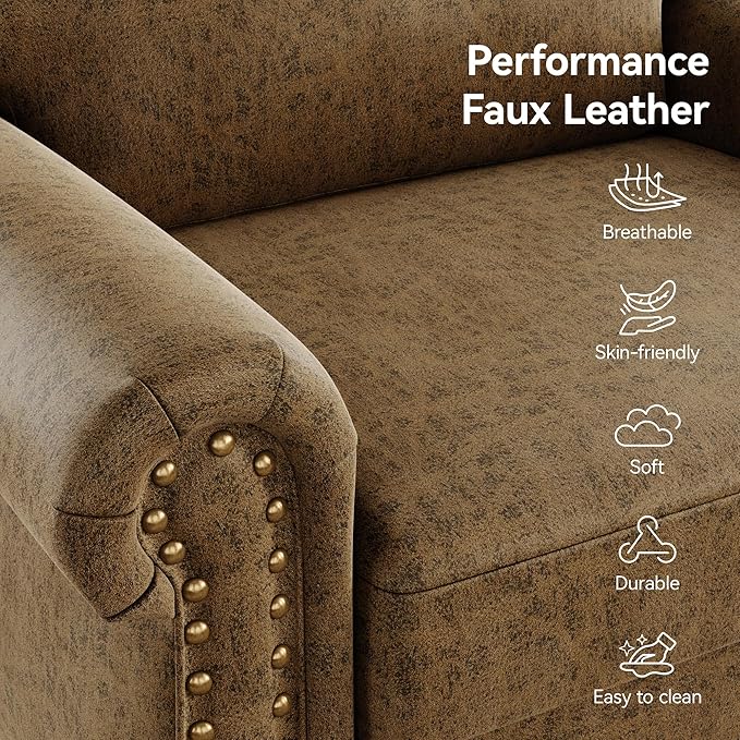 Nailhead Trim Accent Chair, Faux Leahter Mid Century Modern Living Room Arm