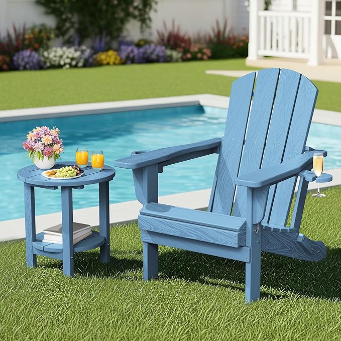 SERWALL Round Outdoor Side Table Set of 2, HDPE Small Adirondack Double End