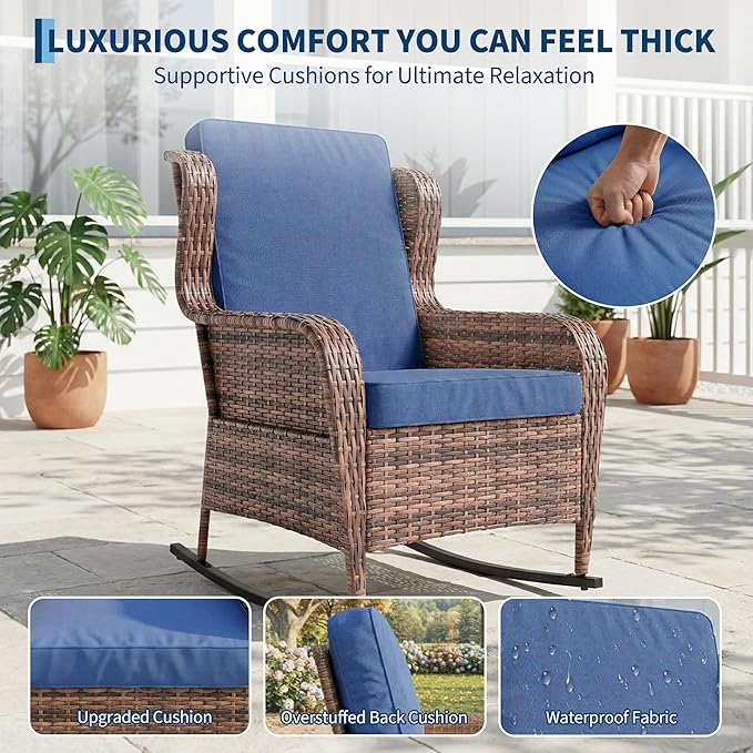 Garvee Outdoor Wicker Rocking Chair, 1 Piece Outdoor Rocking Chair, All Weather