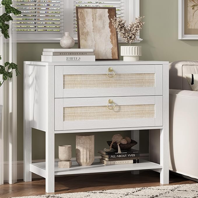 Xixini Nightstand Set of 2, Rattan Boho Bedside Table