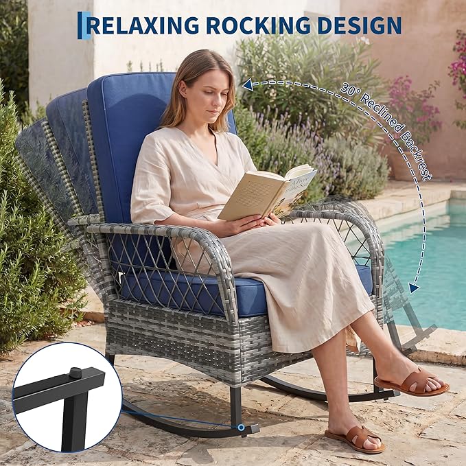 GarveeHome 3-Piece Outdoor Rocking Chair Set, Wicker Rattan Patio Furniture