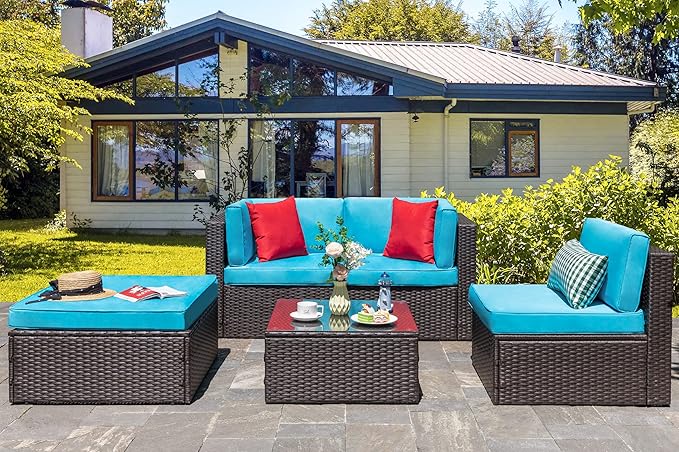 Vongrasig 5 Piece Furniture Sets, All-Weather Brown PE Wicker Outdoor Couch