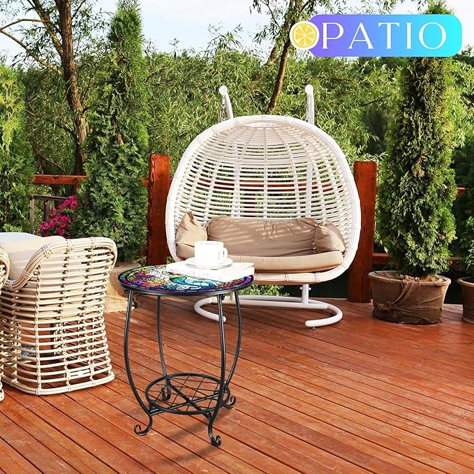 Cinnvoice Outdoor Side Table Round Small Mosaic Patio Accent Indoor End Plant