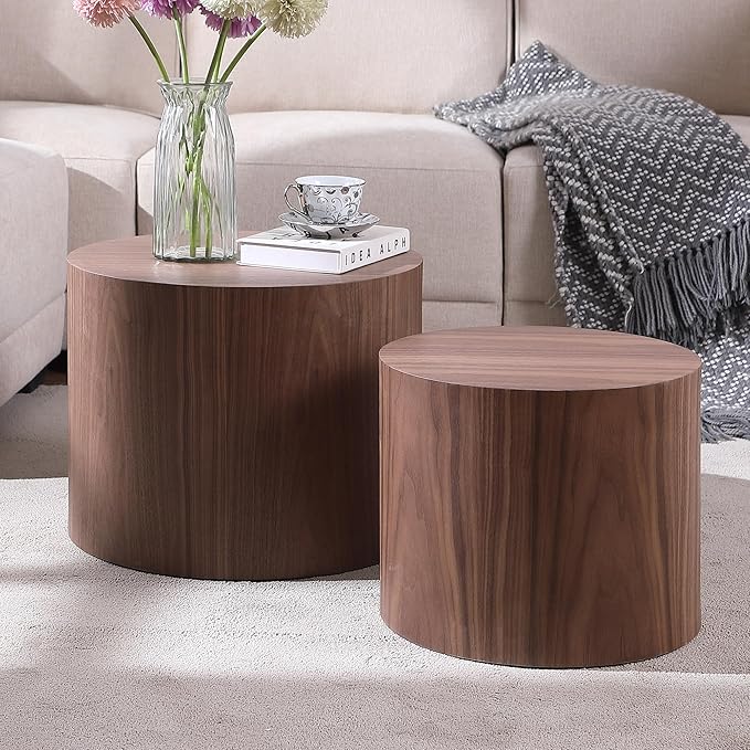 Small Coffee Table Nesting End Table Set of 2, Round Coffee Table Wood Side