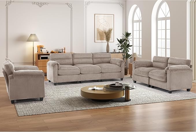 HAOMARKETS Corduroy Sofa Set, Upholstered Armchair, and 3-Seater Couch