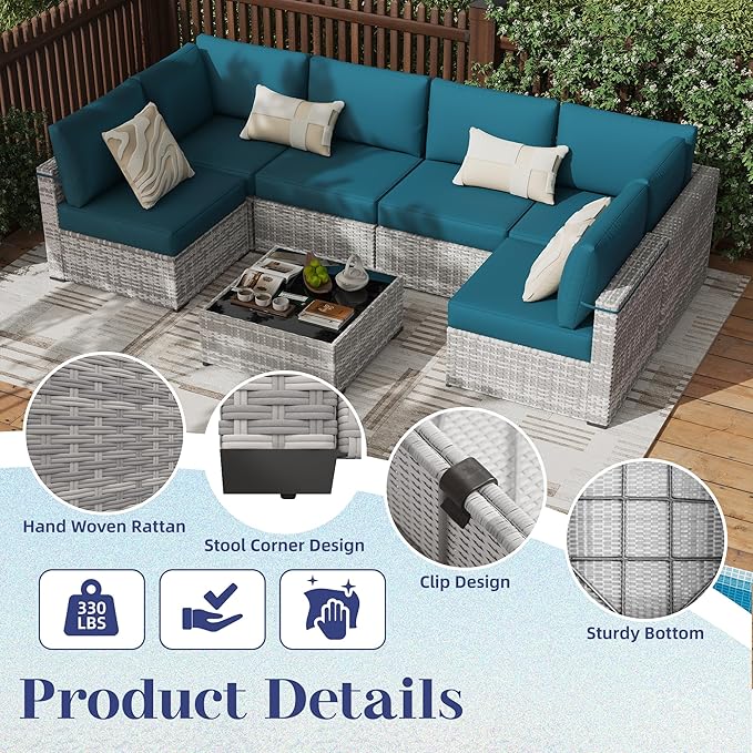 KIGOTY Patio Furniture Set, 7 Pieces Modular Outdoor Sectional Sofa, PE Rattan