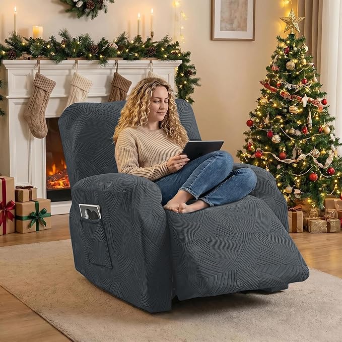 Oversized Recliner Chair Covers, 4-Piece Stretch Geometric Strokes Jacquard