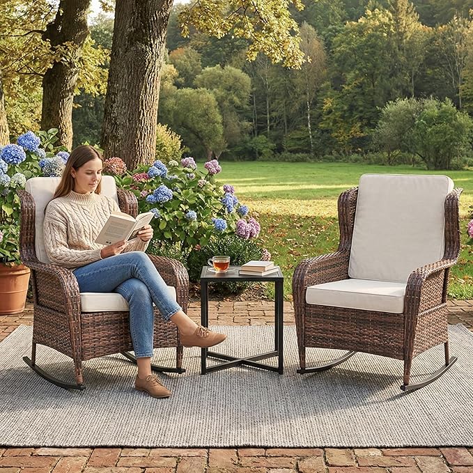 Garvee Outdoor Wicker Rocking Chair, 1 Piece Outdoor Rocking Chair, All Weather