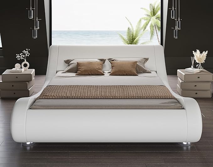 SHA CERLIN Queen Size Upholstered Bed Frame, Deluxe Low Profile Sleigh Bed